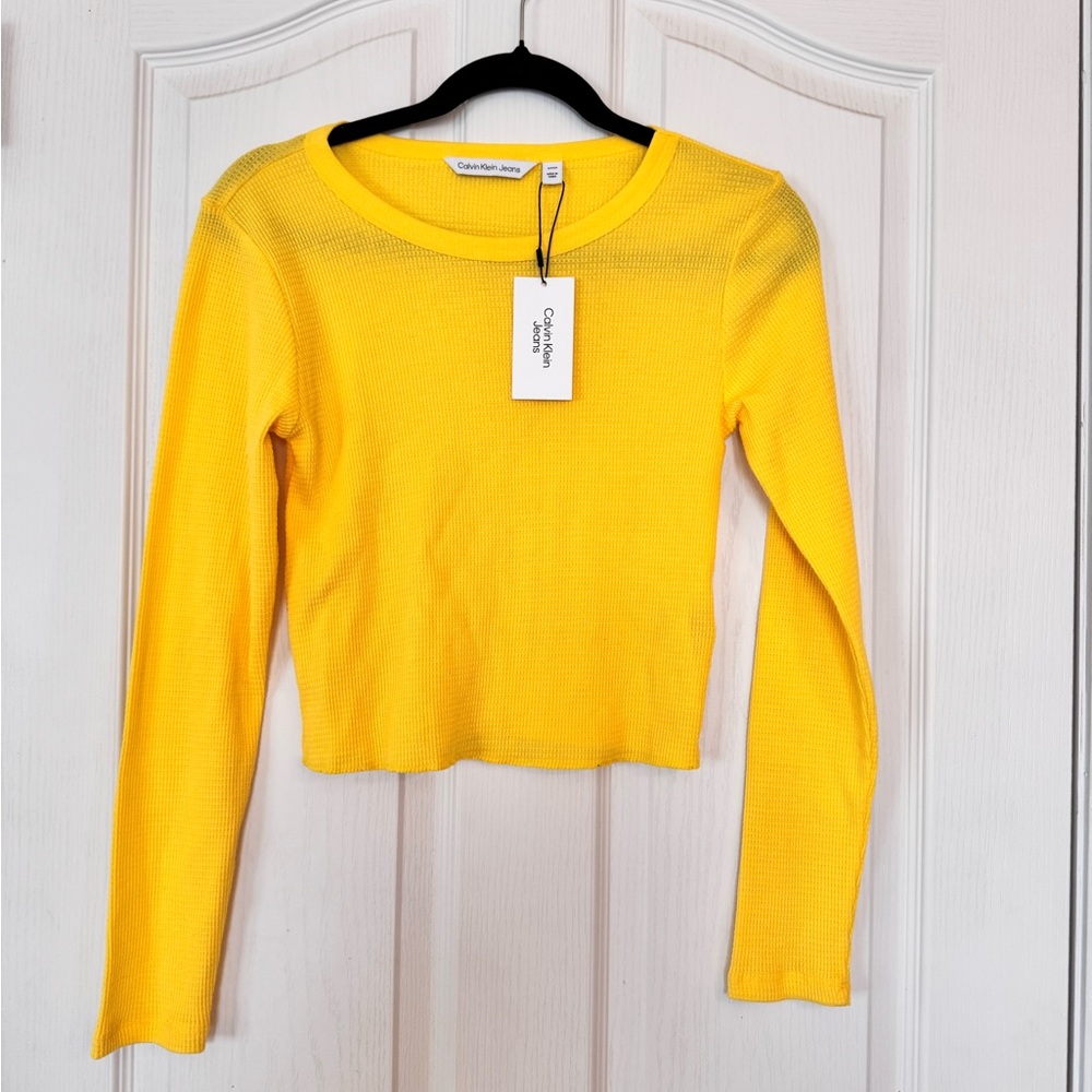 Calvin Klein Jeans Bright Yellow Long Sleeve Thermal Waffle Crop Top NWT Sz S